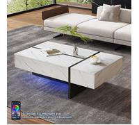Table Basse Blanc Brillant Effet Marbre avec Éclairage LED par App, Table Basse Salon Moderne Design avec 3 Tiroirs, 105x60x35 cm