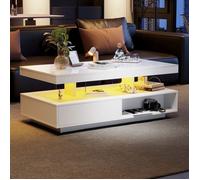 Table basse blanche brillante de bonne qualité, dimensions 95x50x42,5 cm, avec 4 surfaces en verre, 2 tiroirs et 2 compart