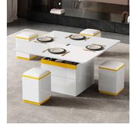 Table basse blanche brillante réglable en hauteur - Transformable en table à manger, multifonctionnelle et design pour salon