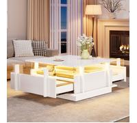 Table Basse Blanche Haut Brillant Carrée 2 Tiroirs LED Séparateurs Acrylique Petit Espace - 70x70x35 cm