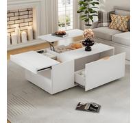 Table Basse Blanche Moderne Et Multifonctionnelle, Relevable, avec Tiroirs Et Portes Coulissantes, Modulable Et Adaptée à De Vie