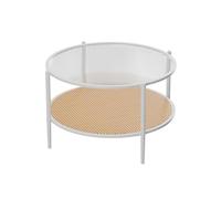 Table Basse Bohème Moderne Deux Niveaux En Rotin Tressé - Dessus En Verre Trempé Effet Vague, Armature Métallique Solide, Espace De Rangement Inférieur. Parfaite Pour Le Salon Et Les Petits Espaces