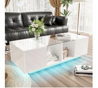 Table basse brillante 120 x 50 x 38,5 cm - LEYTN - Design minimaliste moderne - avec LED - Blanc
