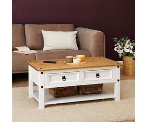 Table basse CAMPO en Bois Massif Blanc et Brun rectangulaire avec 2 Tiroirs et 1 Étagère