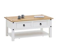 Table Basse Campo Rectangulaire En Pin Massif Blanc Et Brun Avec 2 Tiroirs, Dim 100 X 45 X 60 Cm Blanc