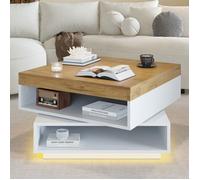 Table basse carré 65x65x40cm Table d'appoint salon avec plateau pivotante éclairage LED 2 compartiments - Blanc et bois