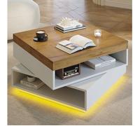 Table basse carrée 65 x 65 x 40 cm avec plateau pivotant 360°, LED, rangements ouverts, MDF blanc et bois