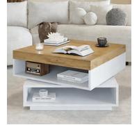 Table basse carrée 65 x 65 x 40 cm blanc bois plateau pivotant 360° LED USB rangement ouvert MDF charge 30 kg petit salon chic