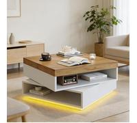Table Basse Carrée 65x65x40 Cm, Plateau Pivotant 360°, 2 Niches, LED, MDF, Blanc Et Chêne