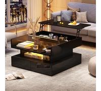 Table basse carrée 80 x 80 x 45 cm avec espace de rangement LED Noir | Panneau de particules, verre, 2 tiroirs, contrôle par application, capacité de charge de 30 kg, table de salon