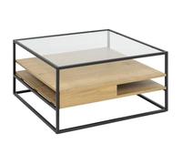 Table basse carrée 80x80x40 cm avec plateau en verre et décor chêne