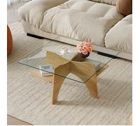 Table basse carrée BELLEMAVE en verre de sécurité - 80 cm de côté, étagère intégrée, Pieds en MDF aspect bois clair