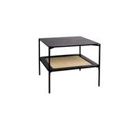 Table basse carrée coloris noir vintage double plateaux effet bois et cannage piètement et structure en métal noir