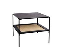 Table basse carrée coloris noir vintage double plateaux effet bois et cannage piètement et structure en métal noir
