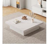 Table basse carrée en blanc, aspect marbre, avec 4 tiroirs, plateau coulissant, rangement caché, 90x90x25 cm, blanc