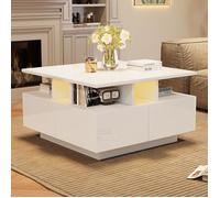 Table basse Carrée LED et 4 Tiroirs Design Rangement Meuble Salon Style Moderne 70x70x40 cm Blanc brillant