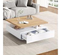 Table Basse Carrée Pivotante 360°, Salon, Noyer et Blanc, 70x70x36 cm
