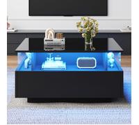 Table basse carrée, table à café, vitrine transparente, avec deux tiroirs et éclairage LED,noir, 70×70×41cm-HAUSS SPOLE