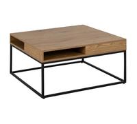 Table basse carrée Willford, en mélamine avec décor en chêne et cadre métallique noir.