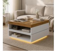 Table basse carrée - Zephmum - 65x65x40 cm pivotable 360° LED blanc bois