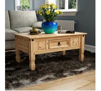 Table basse Corona en pin massif, finition cirée, avec 1 tiroir de rangement - Meuble de salon moderne