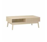 Table basse couleur naturelle. Linear. décor bois rainuré. pieds compas. 2 niches. 1 tiroir. L 110 x l 59 x H 39cm