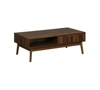 Table basse couleur teinté noyer. Linear. décor bois rainuré. pieds compas. 2 niches. 1 tiroir. L 110 x l 59 x H 39cm