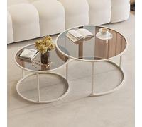 Table Basse Créative Pour Salon - Ensemble De 2 Tables Basses Gigognes Rondes, Tables Basses En Verre Avec Pieds En Métal, Design Modulable, Pour Salon, Appartement(White/Brown,60+45cm/23.6+18")