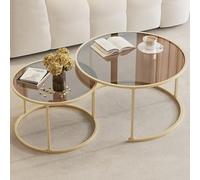 Table Basse Créative Pour Salon - Ensemble De 2 Tables Basses Gigognes Rondes, Tables Basses En Verre Avec Pieds En Métal, Design Modulable, Pour Salon, Appartement(Gold/Brown,80+60cm/31.5+23.6")
