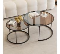 Table Basse Créative Pour Salon - Ensemble De 2 Tables Basses Gigognes Rondes, Tables Basses En Verre Avec Pieds En Métal, Design Modulable, Pour Salon, Appartement(Black/Brown,80+60cm/31.5+23.6")