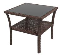 Table Basse De Jardin Avec Étagère Et Plateau Verre Trempé Dim. 50 X 50 X 45 Cm Résine Tressée Chocolat