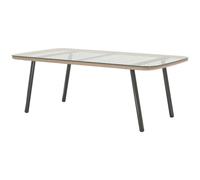 Table Basse De Jardin Style Acapulco Piètement Incliné Acier Noir Résine Filée Effet Naturel Plateau Verre Trempé