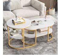 Table Basse de Salon, Lot de 2 Tables Basses Gigognes Scandinaves, Table Basse Ronde, Plateau Imitation Marbre Blanc, Métal Doré