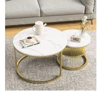 Table Basse de Salon, Lot de 2 Tables d'Appoint Double Couche Tables Gigognes de Salon, Marbre Blanc et Métal Doré