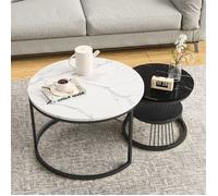 Table Basse de Salon, Lot de 2 Tables d'Appoint Table Basse Moderne Design, Blanc et Noir Marbré, Noir Métallique