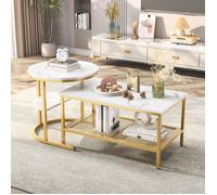 Table Basse de Salon, Lot de 2 Tables d'Appoint Tables Gigognes de Salon Double Couche, Marbre Blanc et Métal Doré