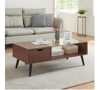[en.casa] Table Basse de Salon avec Tiroir et Étagère Table d'Appoint avec Plateau Rectangulaire pour Salon Chambre Panneau de Particules Verre 110 x 50 x 40 cm Effet Noyer