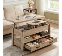 Table Basse de Salon Relevable, Vérin à Gaz, 2 Tiroirs et 3 Compartiments sous Le Plateau, 1 Compartiment Ouvert, Marron