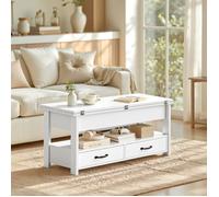 Table Basse de Salon Relevable, Vérin à Gaz, 2 Tiroirs et 3 Compartiments sous Le Plateau, 1 Compartiment Ouvert, Blanc