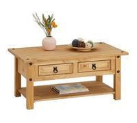 Table basse de salon SALSA rectangulaire en bois style mexicain avec 2 tiroirs, en pin massif finition teintée/cirée Naturel G