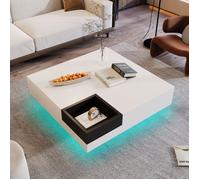 Table basse de salon, Table basse carrée avec LED, Table d'appoint avec boîte de rangement amovible, Blanc et noir, 72x72x30 cm