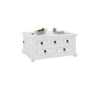 Table basse de salon TEQUILA coffre malle de rangement rectangulaire en bois style mexicain avec 5 tiroirs pin massif lasuré blanc
