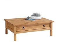 Table Basse de Salon Tequila Plateau rectangulaire et Pieds sculptés en Bois Style Mexicain avec 1 Grand tiroir, en pin Massif Finition teintée et cirée - Dim (L x H x P) : 100 x 37 x 65 cm