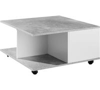 Table basse design 70x70 cm WOHNLING gris ciment / blanc, table de salon avec 2 tiroirs, table basse à roulettes, table avec 2 compartiments