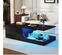 Table basse design noire 100x50x30cm avec LED, 2 tiroirs et verre trempé - MDF brillant pour salon