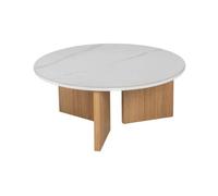 Table basse design ronde blanc naturel en céramique effet marbre et piétement bois HAVANE