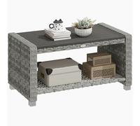 Table basse d'extérieur Outsunny avec étagère de rangement, table d'appoint en rotin synthétique avec plateau à lattes et patins, pour terrasse, jardin ou balcon, 90 x 50 x 45 cm, gris