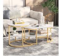 Table Basse Double Couche, Lot de 2 Table Basse Salon Table Gigogne Table d'appoint, Marbre Blanc et Métal Doré