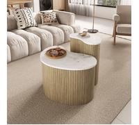 Table basse duo 60×37×38 & 40×25×50 cm, pour salon/chevet, plateau effet marbre et bois, MDF, naturel/blanc