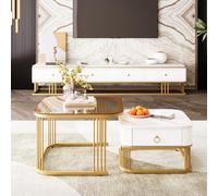 Table Basse empilable : Aspect marbre Brillant et Plateau en Verre, Pieds Noirs, Table d'appoint avec tiroirs en Lot de 2 (White + MDF)
